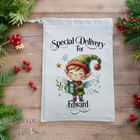 Personalised Christmas Eve Gift Bag - Special Delivery for Name Drawstring Stocking with Xmas Elf Graphic